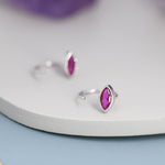 Marquise Ruby Pink CZ Huggie Hoops in Sterling Silver, Marquise Crystal Open Threader Earrings, Half Hoops, July Birthstone