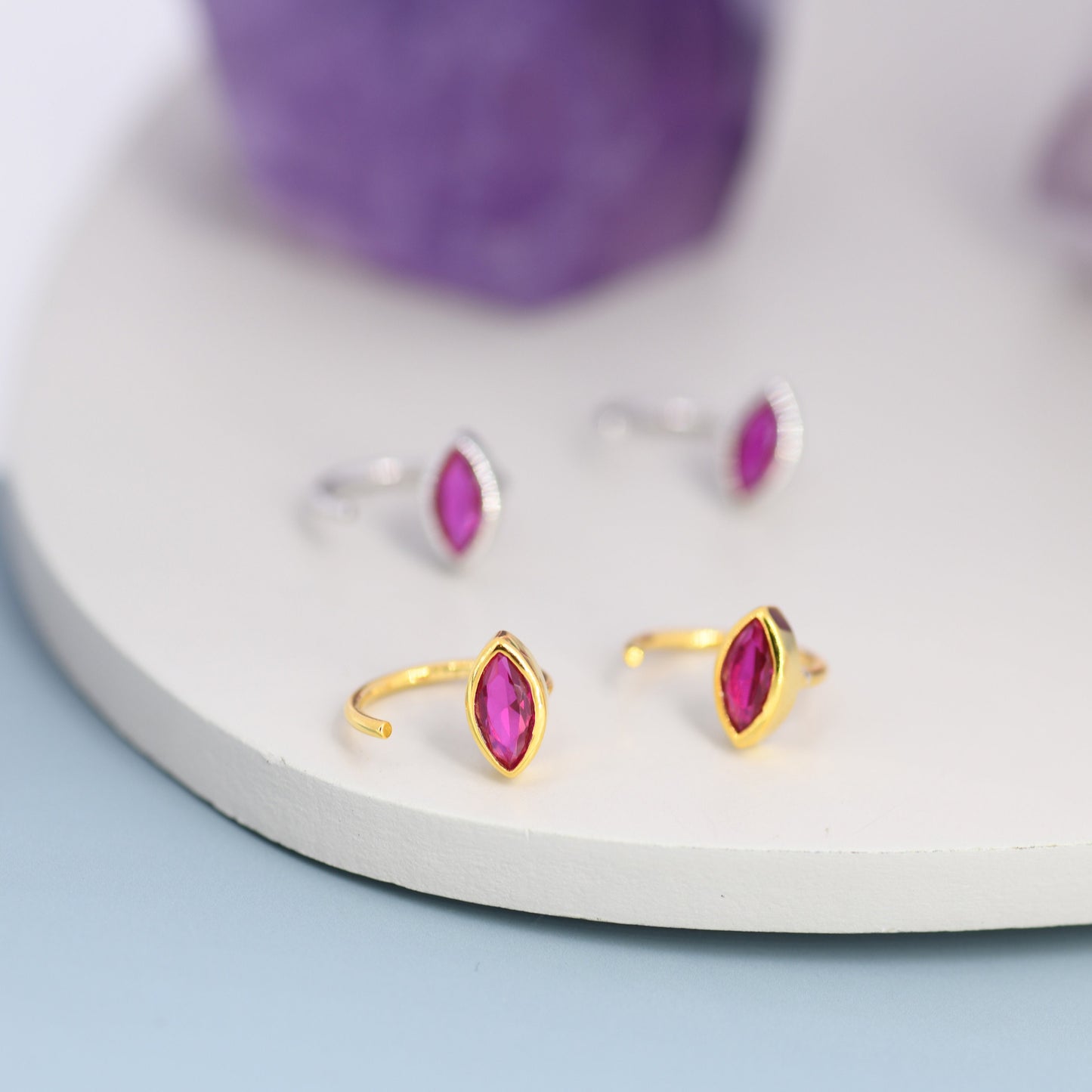 Marquise Ruby Pink CZ Huggie Hoops in Sterling Silver, Marquise Crystal Open Threader Earrings, Half Hoops, July Birthstone