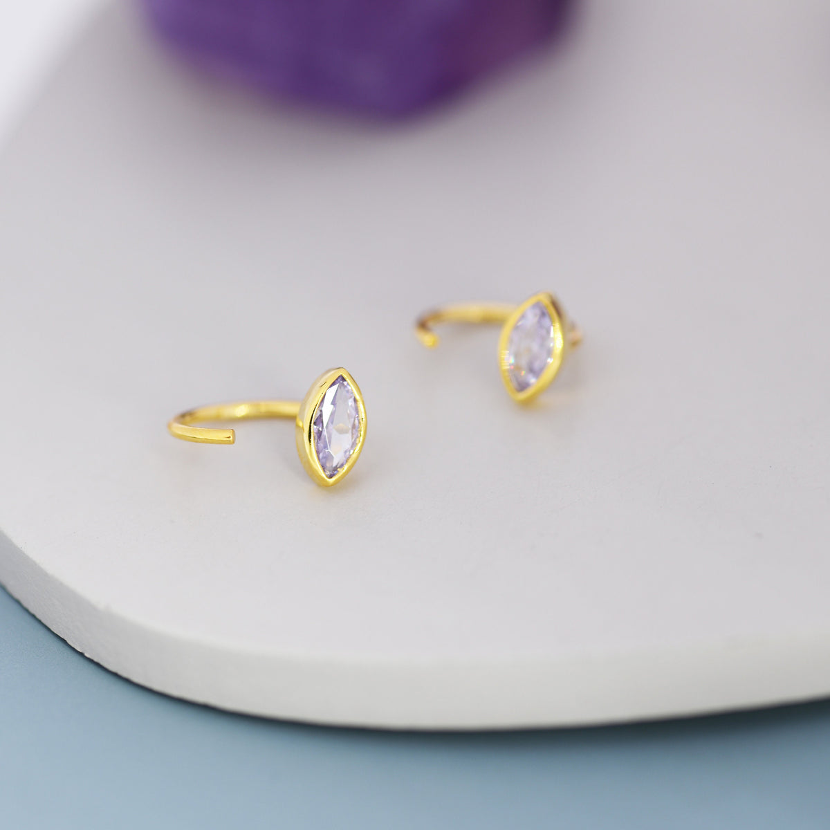 Marquise Alexander CZ Huggie Hoops in Sterling Silver, Marquise Crystal Open Threader Earrings, Half Hoops, June Birthstone