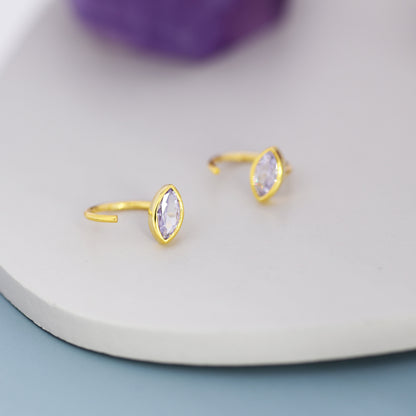 Marquise Alexander CZ Huggie Hoops in Sterling Silver, Marquise Crystal Open Threader Earrings, Half Hoops, June Birthstone