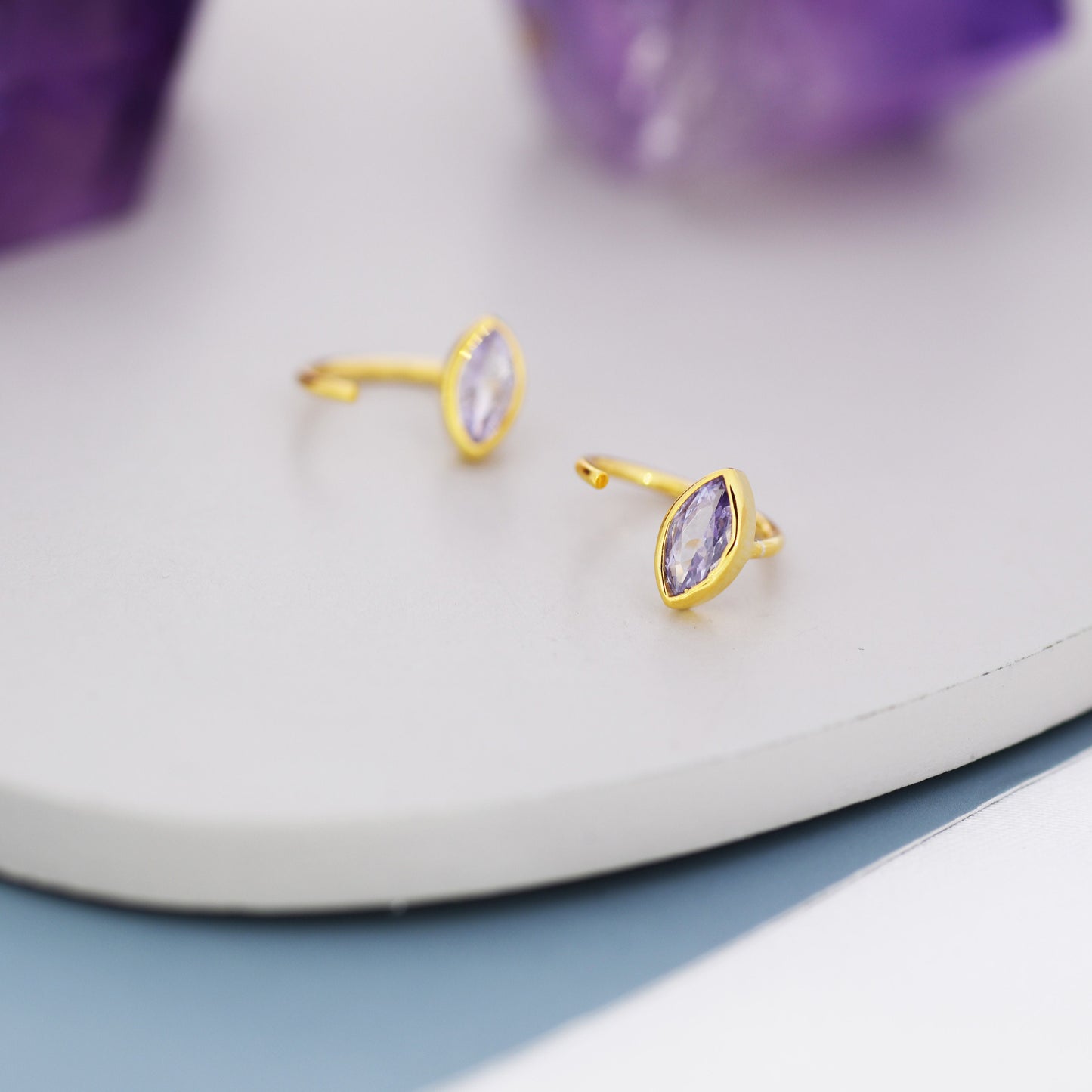 Marquise Alexander CZ Huggie Hoops in Sterling Silver, Marquise Crystal Open Threader Earrings, Half Hoops, June Birthstone