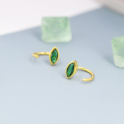 Marquise Emerald Green CZ Huggie Hoops in Sterling Silver, Marquise Crystal Open Threader Earrings, Half Hoops, May Birthstone