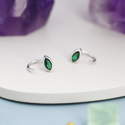 Marquise Emerald Green CZ Huggie Hoops in Sterling Silver, Marquise Crystal Open Threader Earrings, Half Hoops, May Birthstone