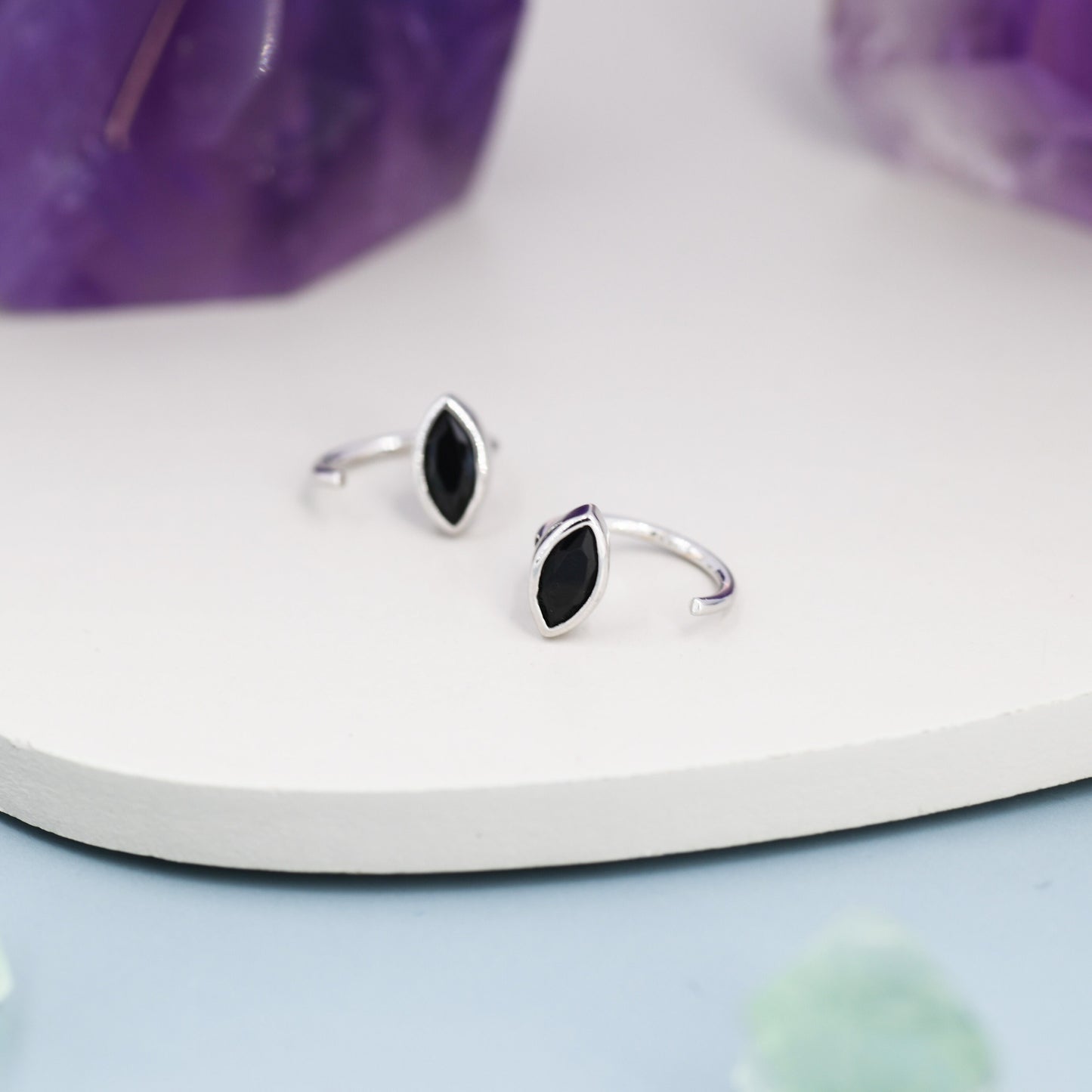 Marquise Black CZ Huggie Hoops in Sterling Silver, Marquise Crystal Open Threader Earrings, Half Hoops, Black Diamond