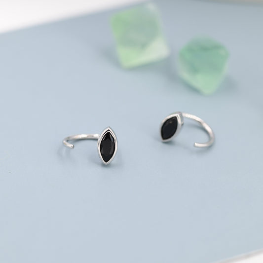 Marquise Black CZ Huggie Hoops in Sterling Silver, Marquise Crystal Open Threader Earrings, Half Hoops, Black Diamond