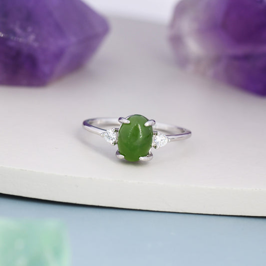 Genuine Oval Jade Stone Halo Ring in Sterling Silver, US 5 - 8, Natural Oval Jade Gemstone Ring,  Crystal Flower Ring