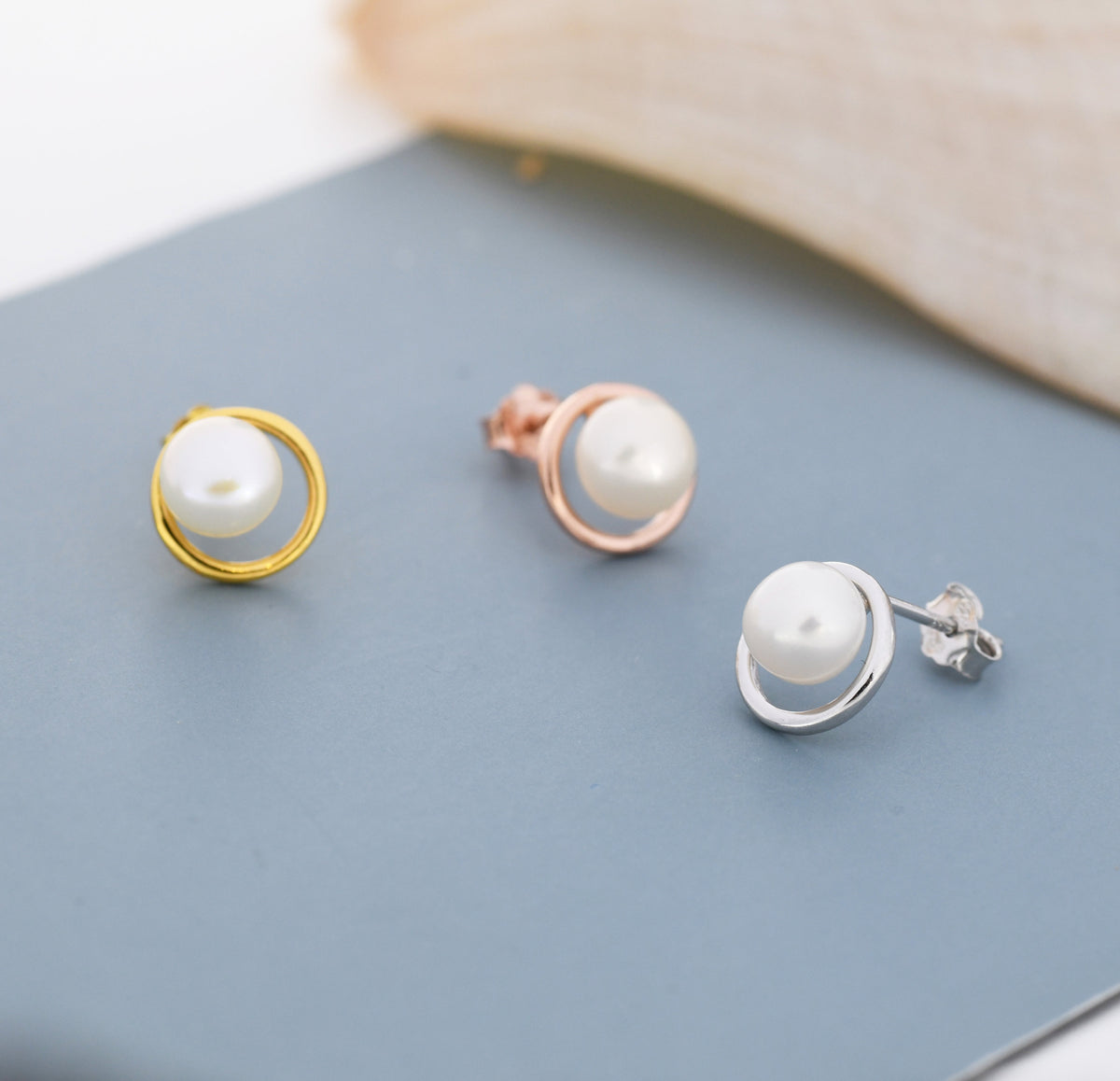 Genuine Freshwater Pearl and Circle Stud Earrings in Sterling Silver, Delicate Keshi Pearl Halo Earrings, Genuine Freshwater Pearls.