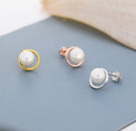 Genuine Freshwater Pearl and Circle Stud Earrings in Sterling Silver, Delicate Keshi Pearl Halo Earrings, Genuine Freshwater Pearls.