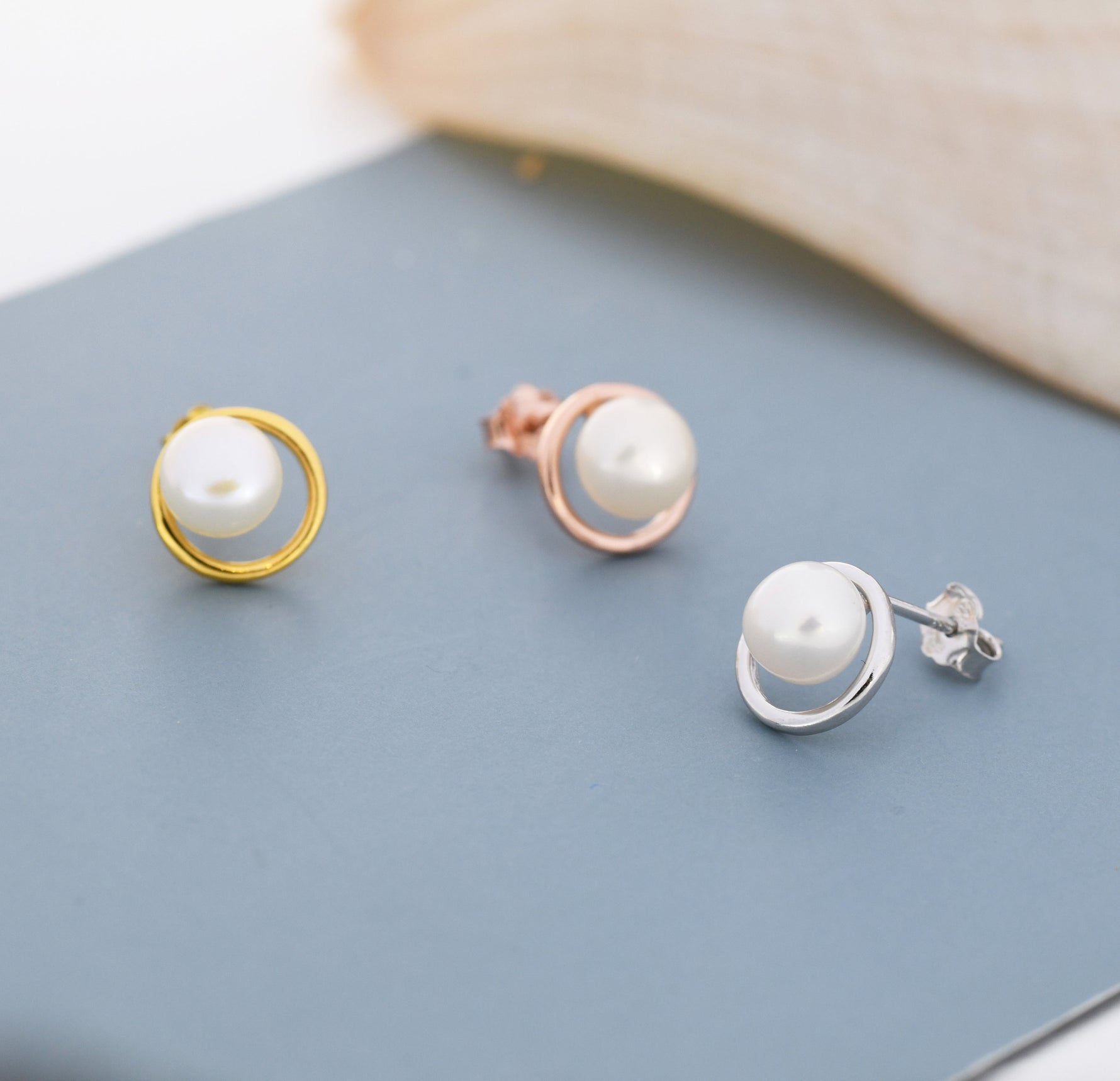 Genuine Freshwater Pearl and Circle Stud Earrings in Sterling Silver, Delicate Keshi Pearl Halo Earrings, Genuine Freshwater Pearls.
