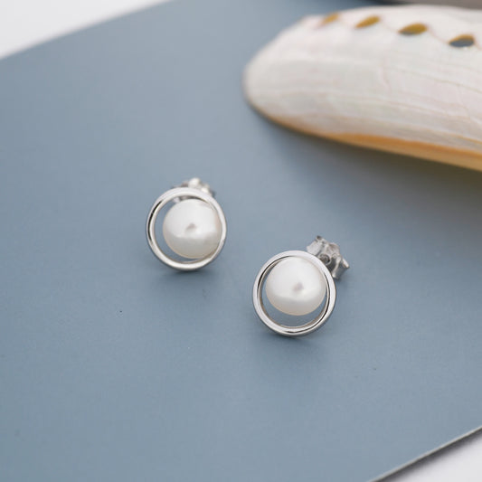 Genuine Freshwater Pearl and Circle Stud Earrings in Sterling Silver, Delicate Keshi Pearl Halo Earrings, Genuine Freshwater Pearls.