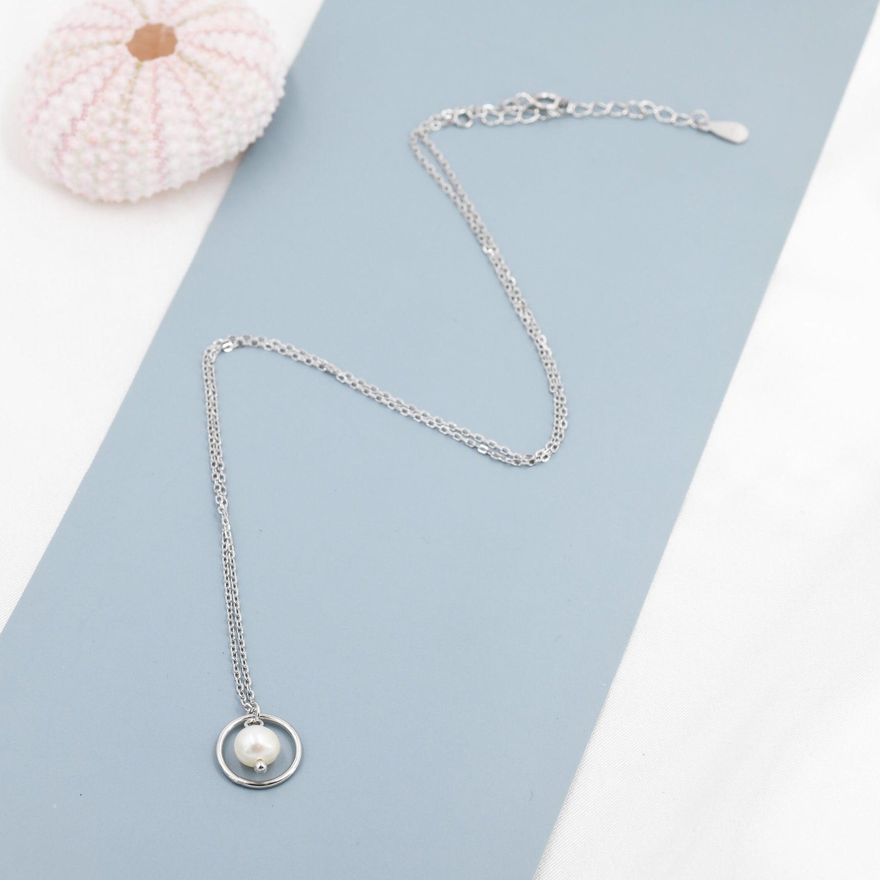 Sterling Silver Circle and Natural Pearl Pendant Necklace, Genuine Freshwater Pearl Necklace, Keshi Pearl Necklace, Pearl and Circle