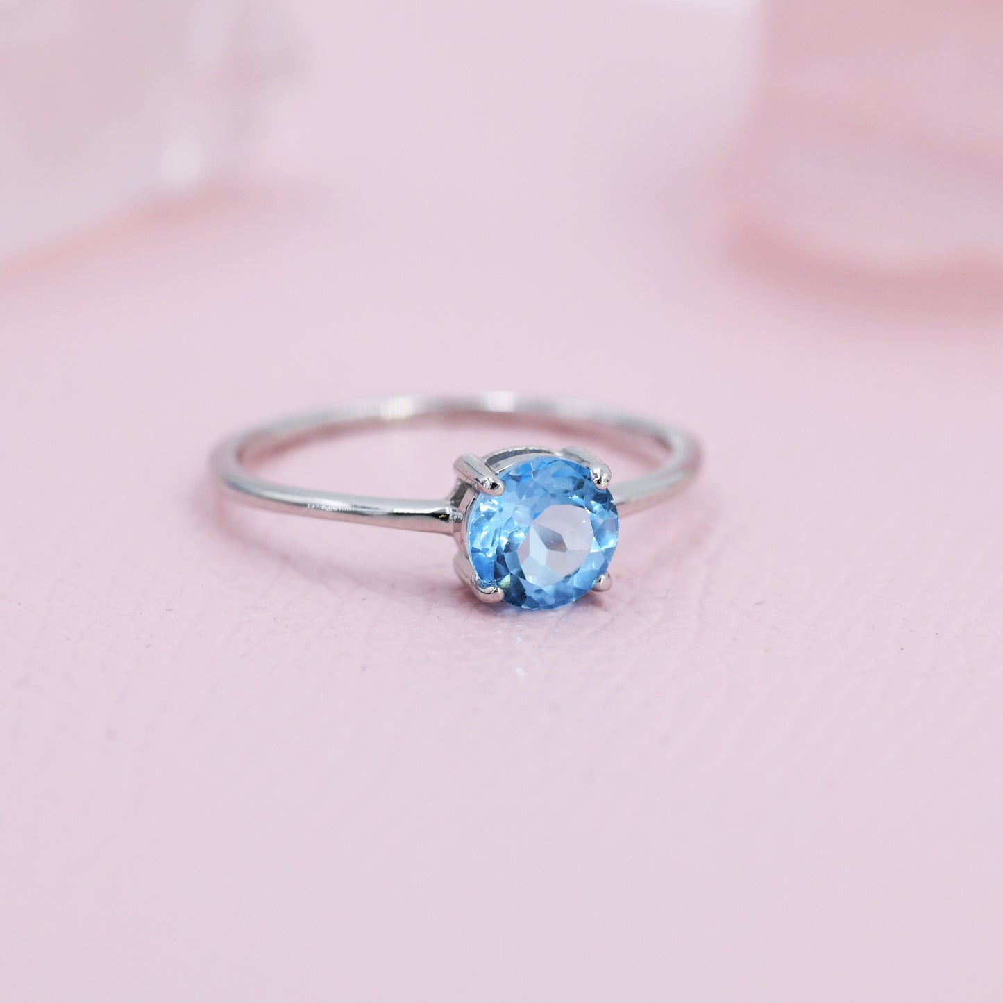 Genuine Swiss Blue Topaz Ring in Sterling Silver, Natural Brilliant Cut 6mm Topaz Stone Ring, Stacking Rings, US 5-8