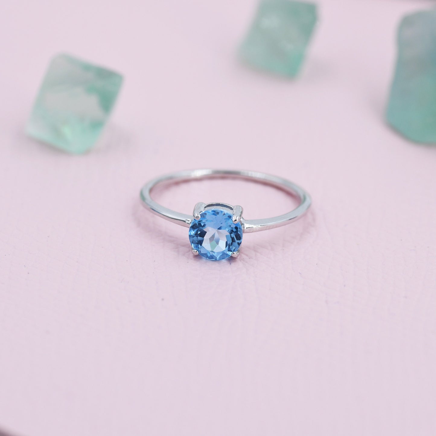 Genuine Swiss Blue Topaz Ring in Sterling Silver, Natural Brilliant Cut 6mm Topaz Stone Ring, Stacking Rings, US 5-8