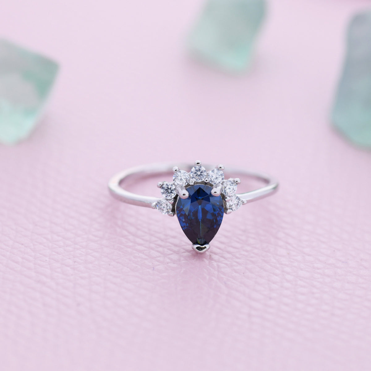 Pear Cut Sapphire Blue CZ Crown Ring in Sterling Silver, Vintage Inspired Design, US 5 - 8, September Birthstone