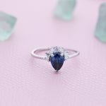 Pear Cut Sapphire Blue CZ Crown Ring in Sterling Silver, Vintage Inspired Design, US 5 - 8, September Birthstone