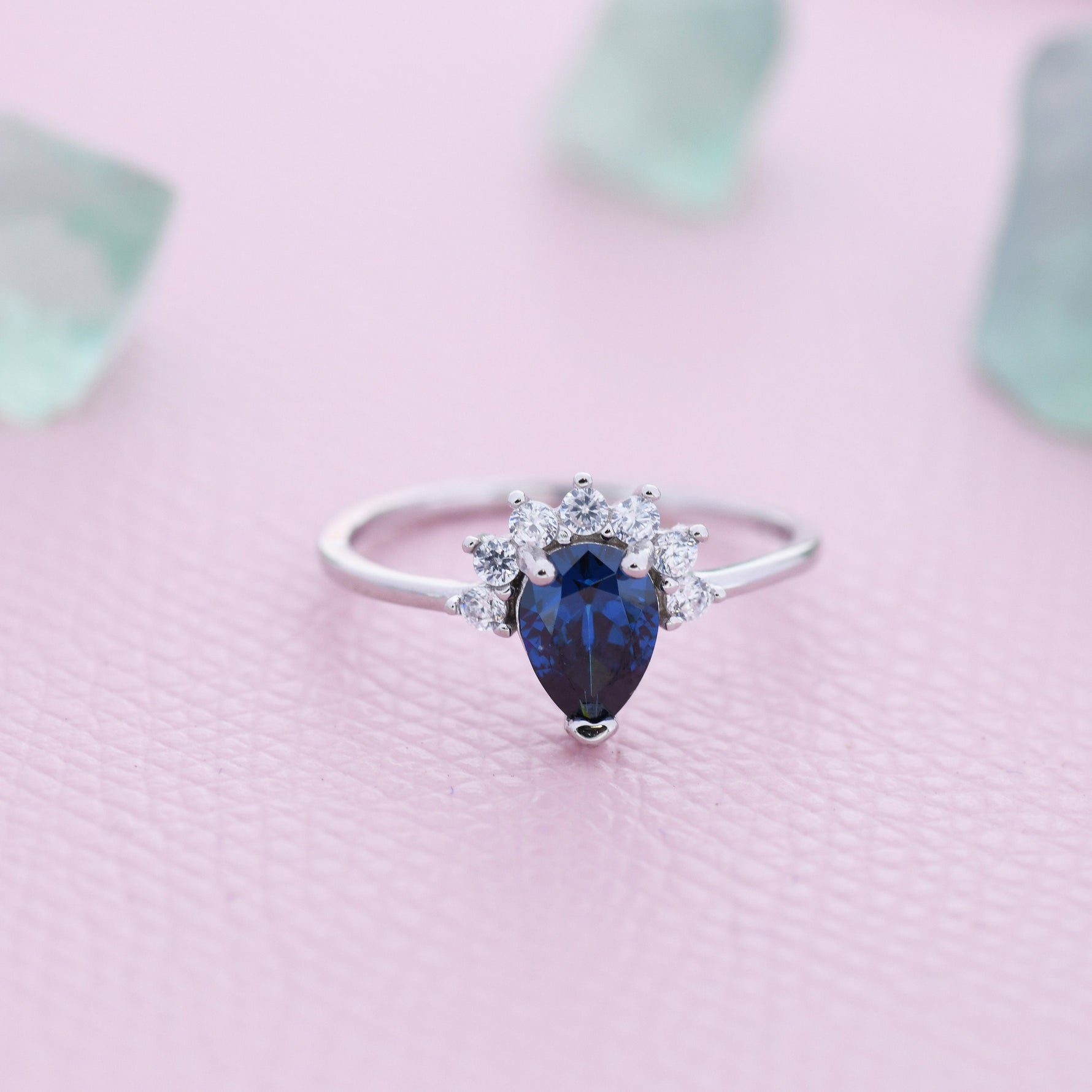 Pear Cut Sapphire Blue CZ Crown Ring in Sterling Silver, Vintage Inspired Design, US 5 - 8, September Birthstone
