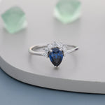 Pear Cut Sapphire Blue CZ Crown Ring in Sterling Silver, Vintage Inspired Design, US 5 - 8, September Birthstone