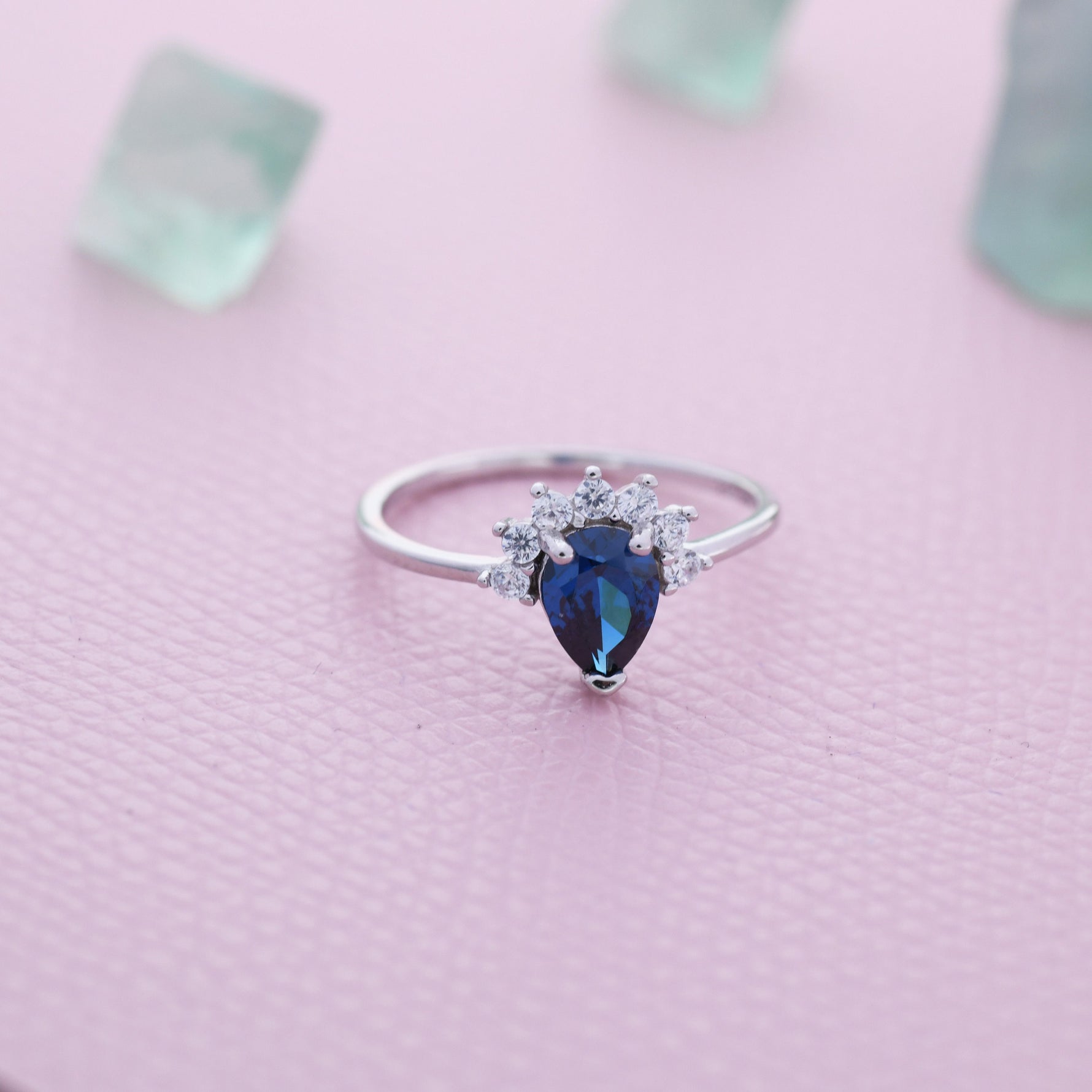 Pear Cut Sapphire Blue CZ Crown Ring in Sterling Silver, Vintage Inspired Design, US 5 - 8, September Birthstone