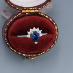 Pear Cut Sapphire Blue CZ Crown Ring in Sterling Silver, Vintage Inspired Design, US 5 - 8, September Birthstone