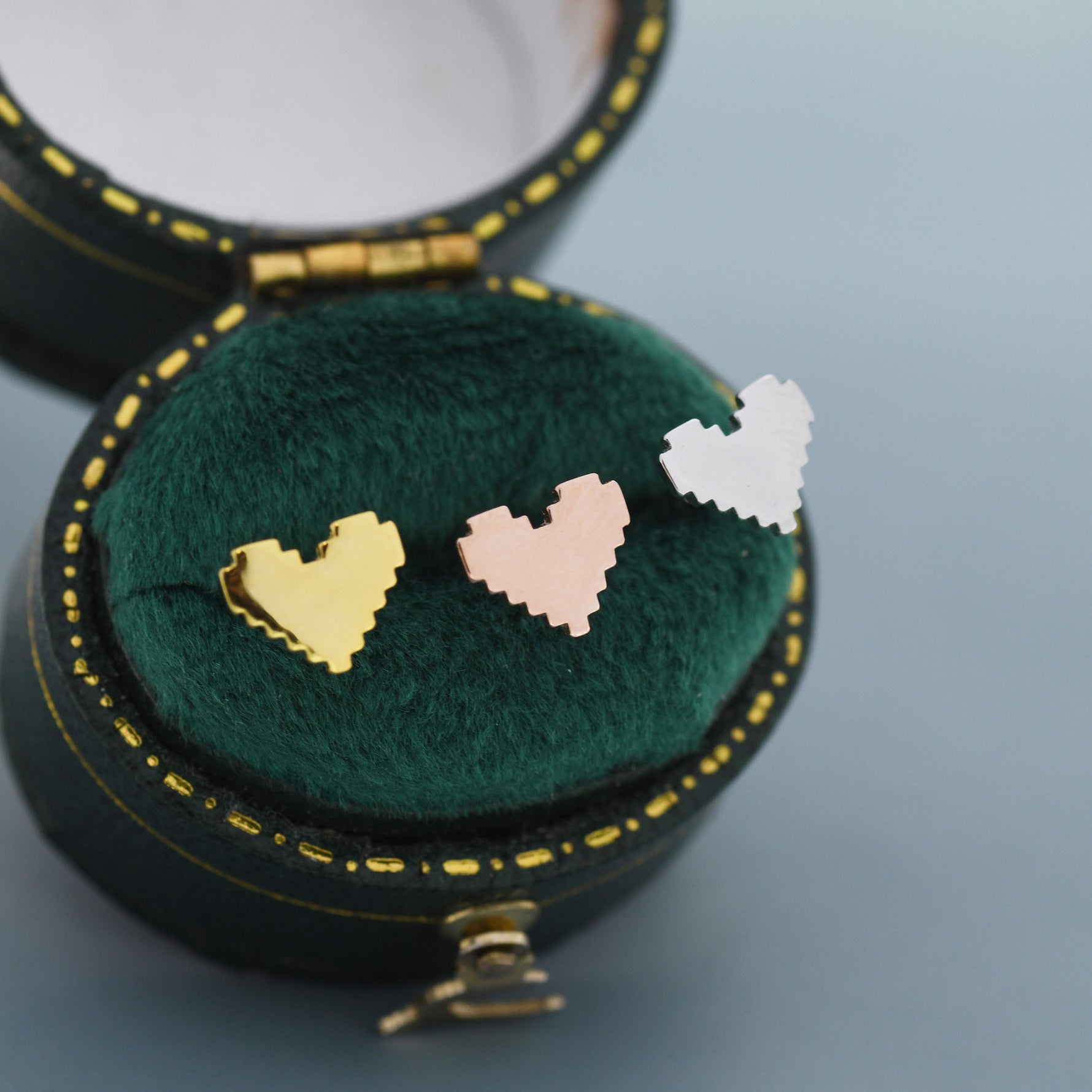 8 Bit Pixel Heart Stud Earrings in Sterling Silver, Silver, Gold or Rose Gold over Sterling Silver, 8-bit, Pixel Heart Earrings