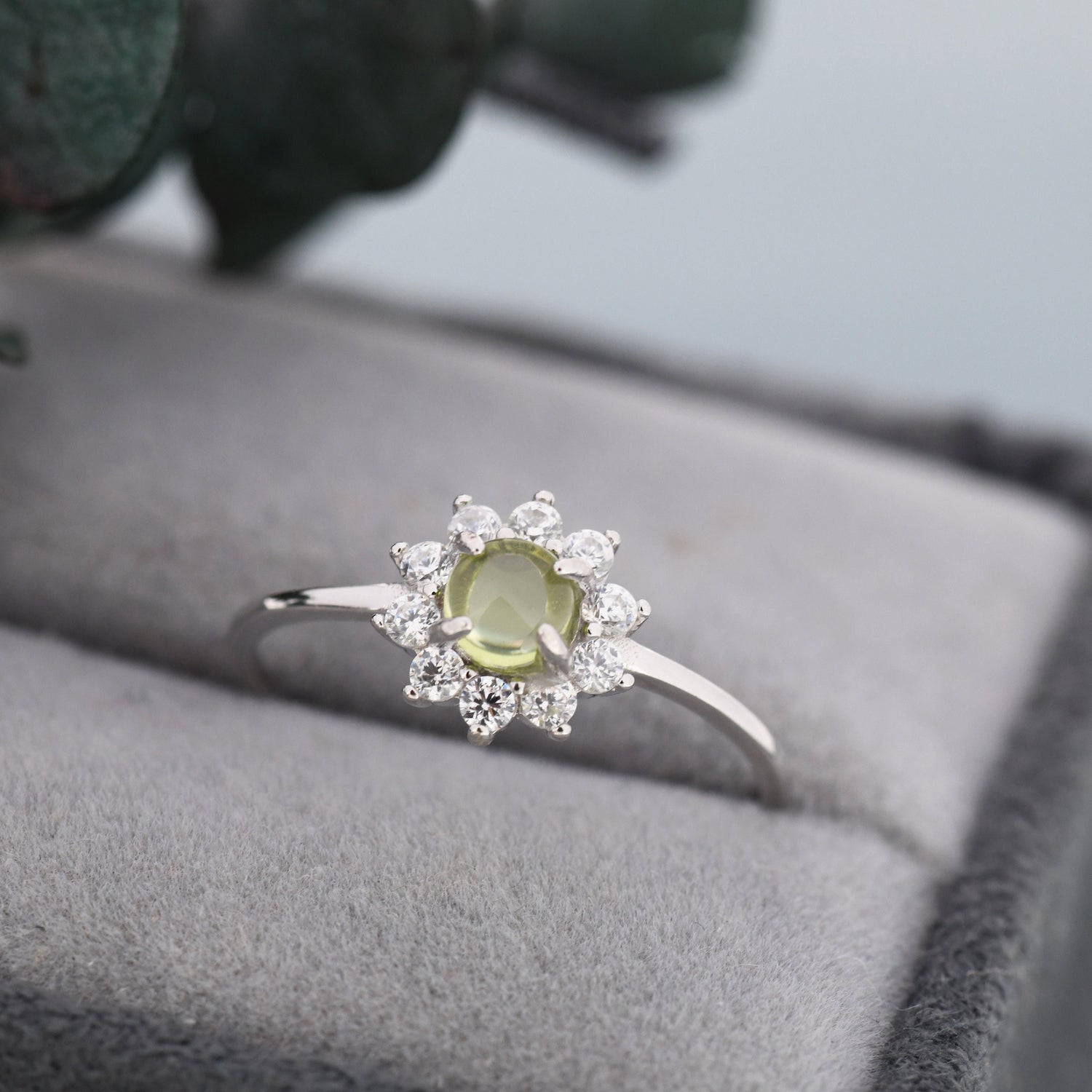 Round Cut Peridot Halo Ring