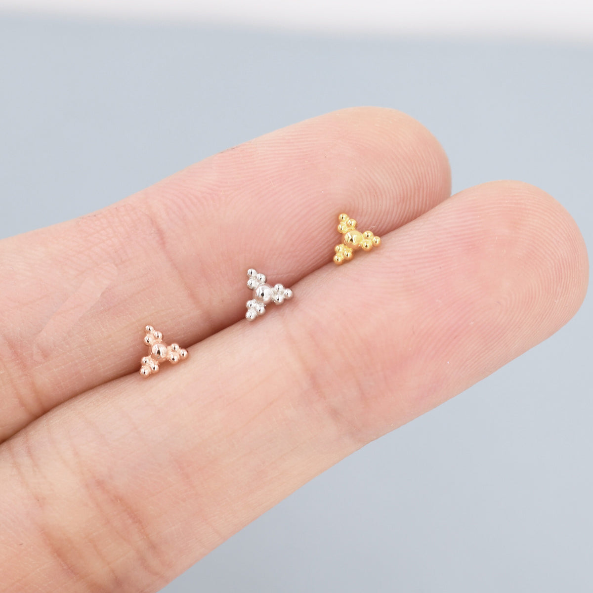 Extra Tiny Dotted Cluster Stud Earrings in Sterling Silver, Gold or Silver, Three Cluster Earrings, Stacking Earrings, Vintage Inspired
