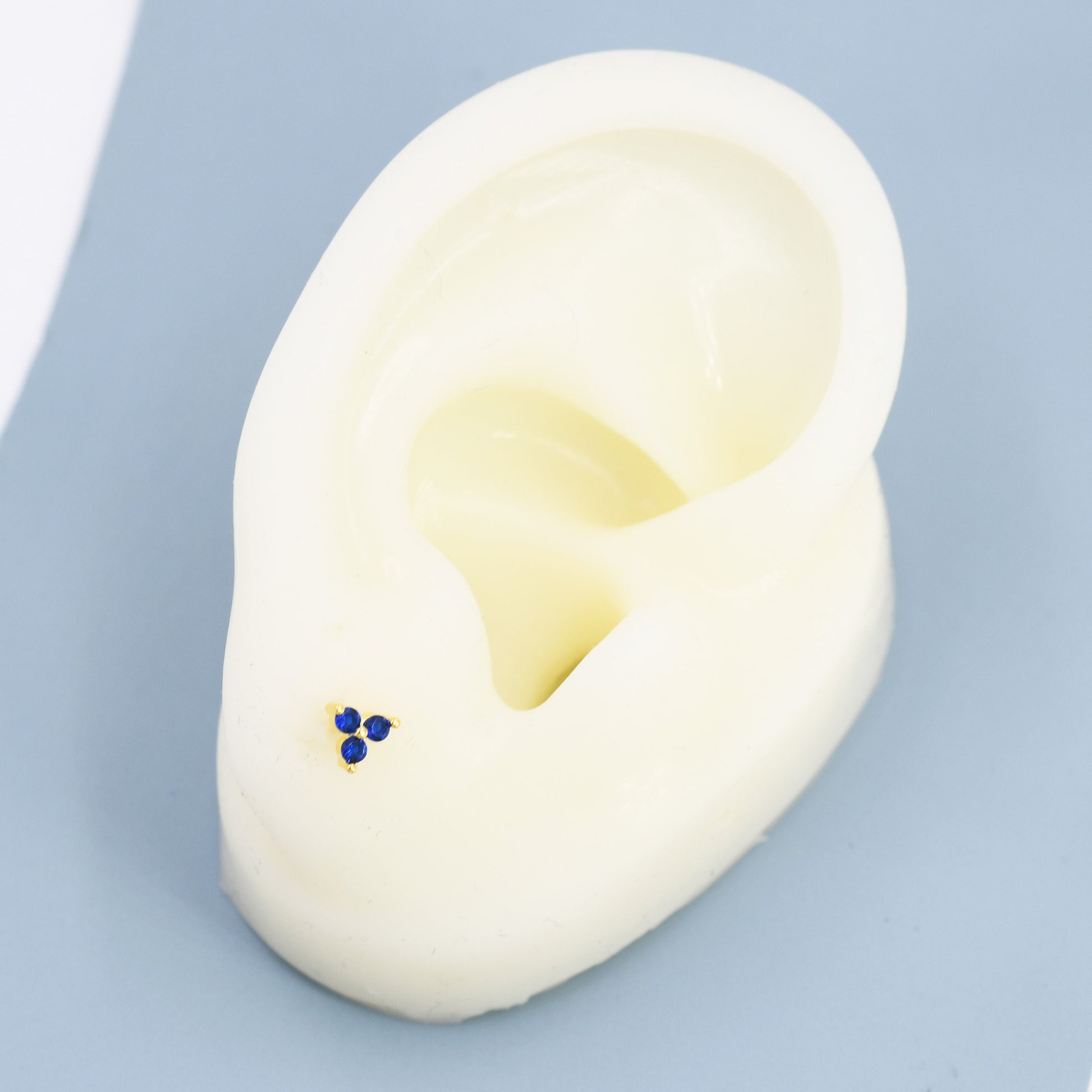 Extra Tiny Tree Dot Sapphire Blue CZ Stud Earrings in Sterling Silver, Silver or Gold, Three Dot Trinity September Birthstone Earrings