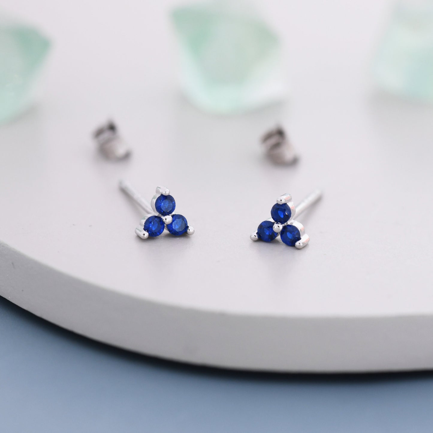 Extra Tiny Tree Dot Sapphire Blue CZ Stud Earrings in Sterling Silver, Silver or Gold, Three Dot Trinity September Birthstone Earrings