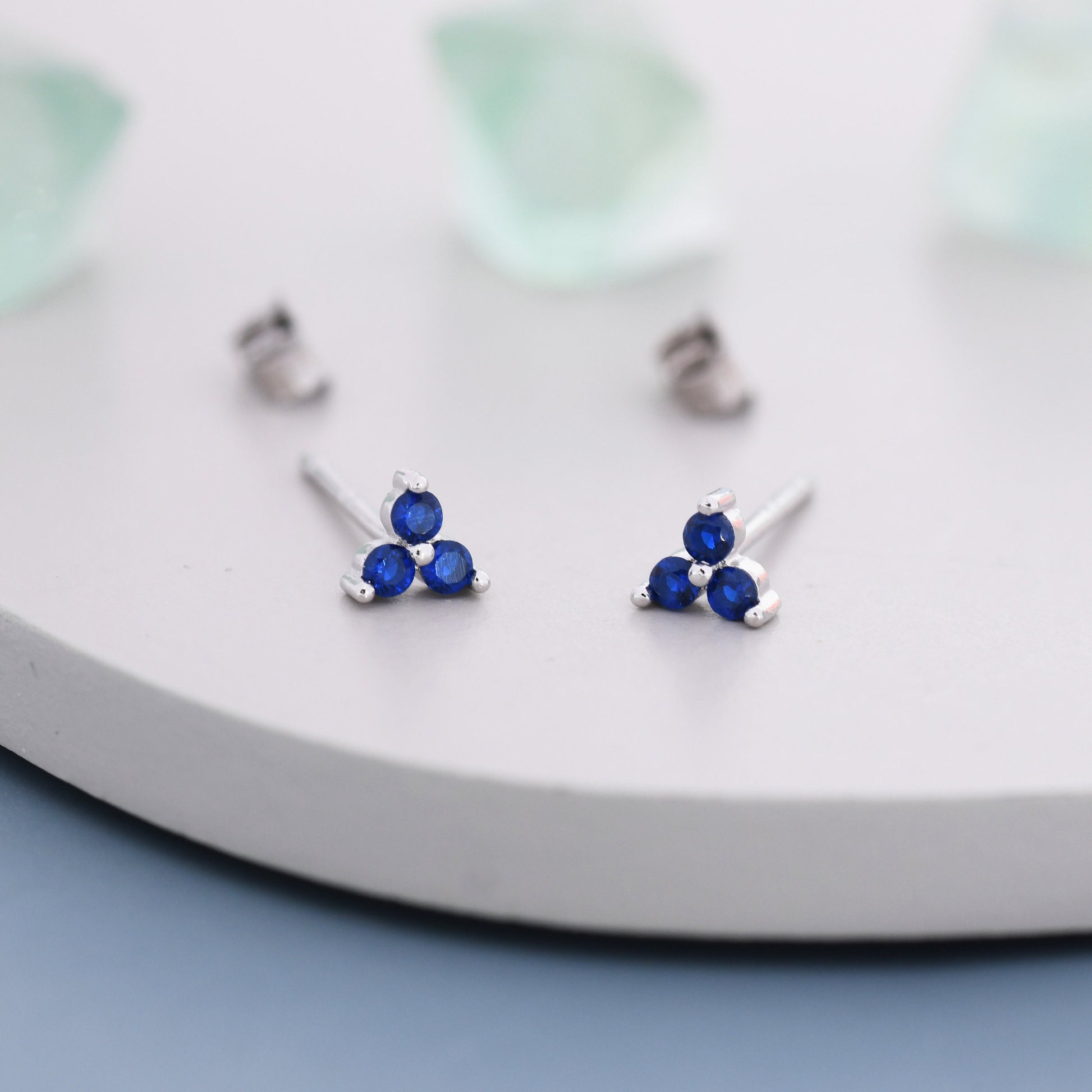 Extra Tiny Tree Dot Sapphire Blue CZ Stud Earrings in Sterling Silver, Silver or Gold, Three Dot Trinity September Birthstone Earrings