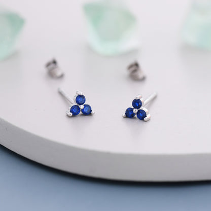 Extra Tiny Tree Dot Sapphire Blue CZ Stud Earrings in Sterling Silver, Silver or Gold, Three Dot Trinity September Birthstone Earrings