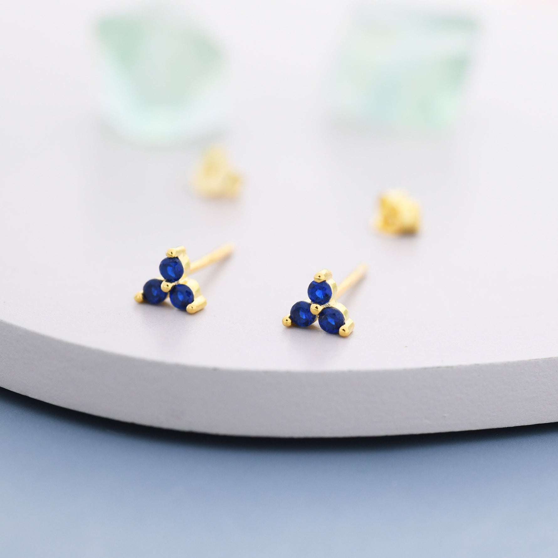 Extra Tiny Tree Dot Sapphire Blue CZ Stud Earrings in Sterling Silver, Silver or Gold, Three Dot Trinity September Birthstone Earrings