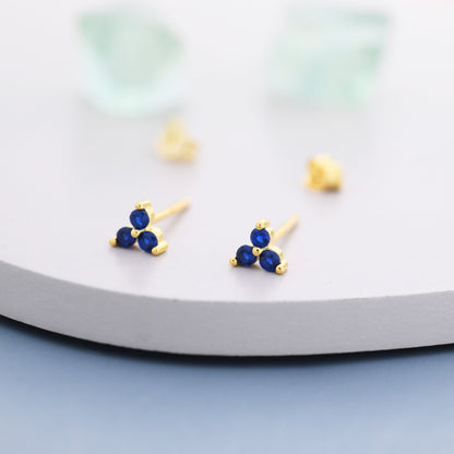 Extra Tiny Tree Dot Sapphire Blue CZ Stud Earrings in Sterling Silver, Silver or Gold, Three Dot Trinity September Birthstone Earrings