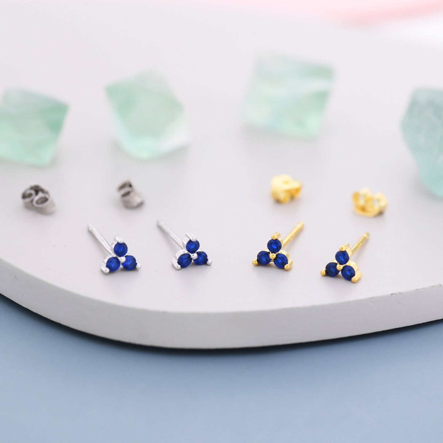 Extra Tiny Tree Dot Sapphire Blue CZ Stud Earrings in Sterling Silver, Silver or Gold, Three Dot Trinity September Birthstone Earrings