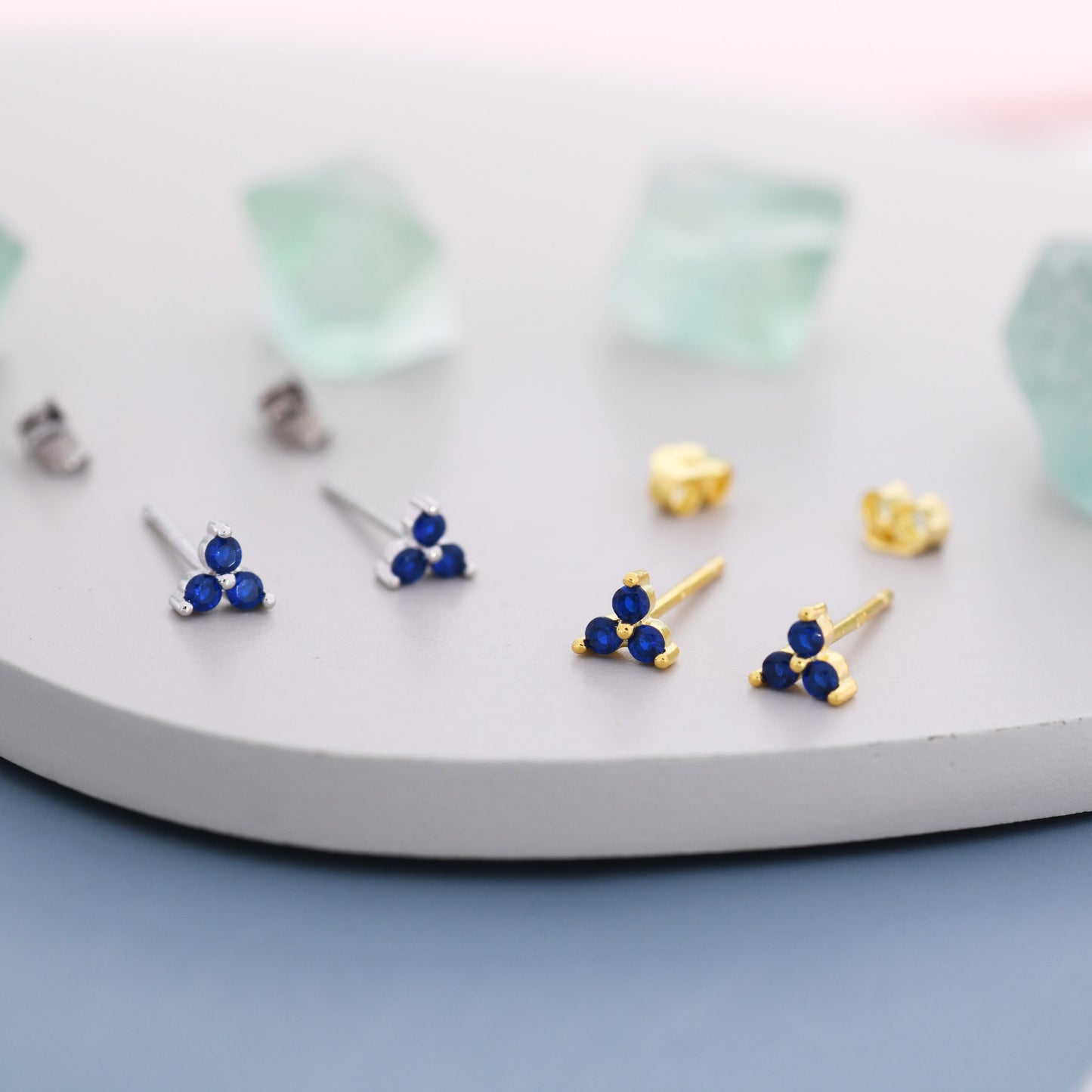Extra Tiny Tree Dot Sapphire Blue CZ Stud Earrings in Sterling Silver, Silver or Gold, Three Dot Trinity September Birthstone Earrings