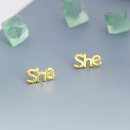 He She They Pronoun Stud Earrings in Sterling Silver, Silver, Gold or Rose Gold, Sold as a Pair, He Earrings, She Earrings, They Earrings