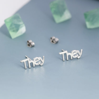 He She They Pronoun Stud Earrings in Sterling Silver, Silver, Gold or Rose Gold, Sold as a Pair, He Earrings, She Earrings, They Earrings