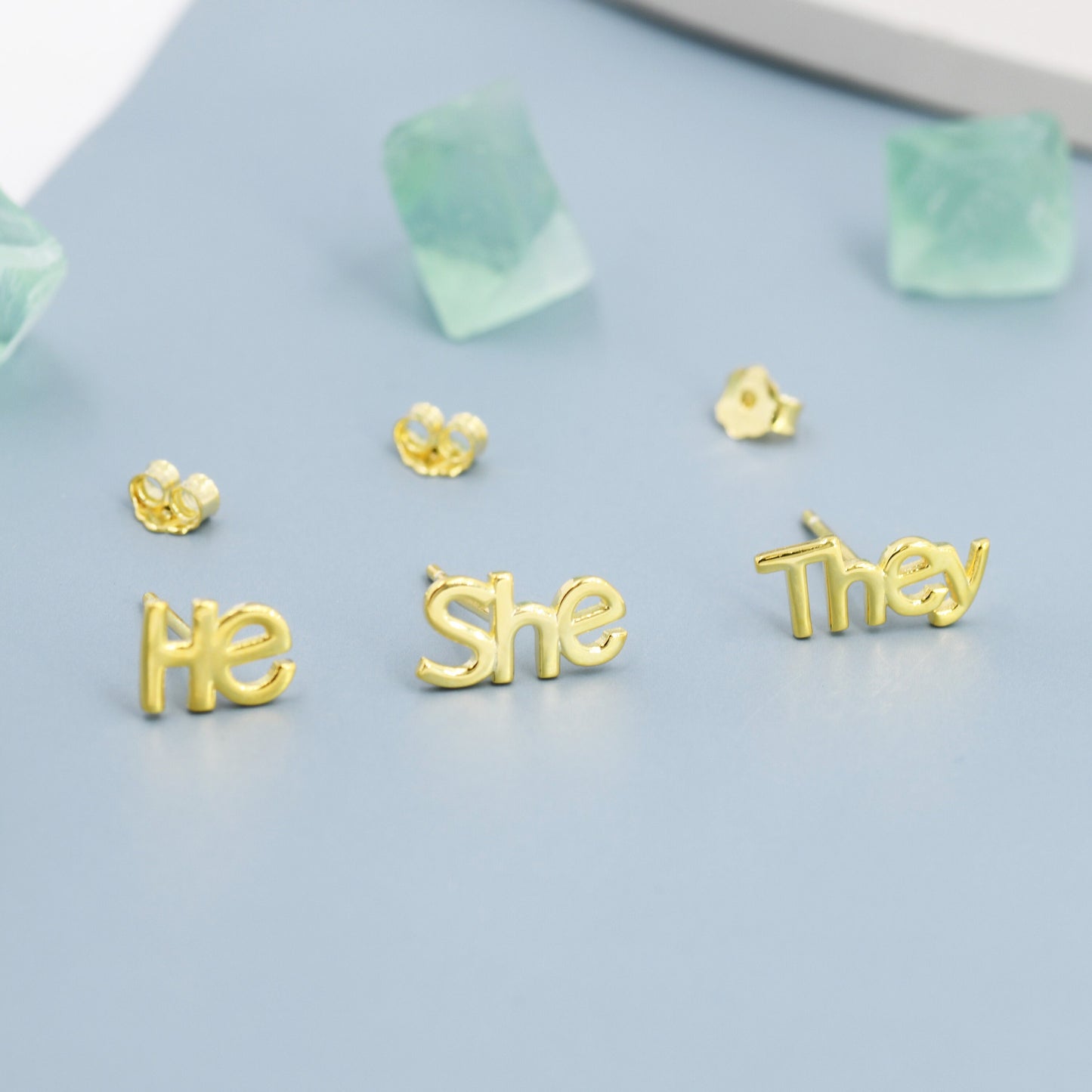 He She They Pronoun Stud Earrings in Sterling Silver, Silver, Gold or Rose Gold, Sold as a Pair, He Earrings, She Earrings, They Earrings