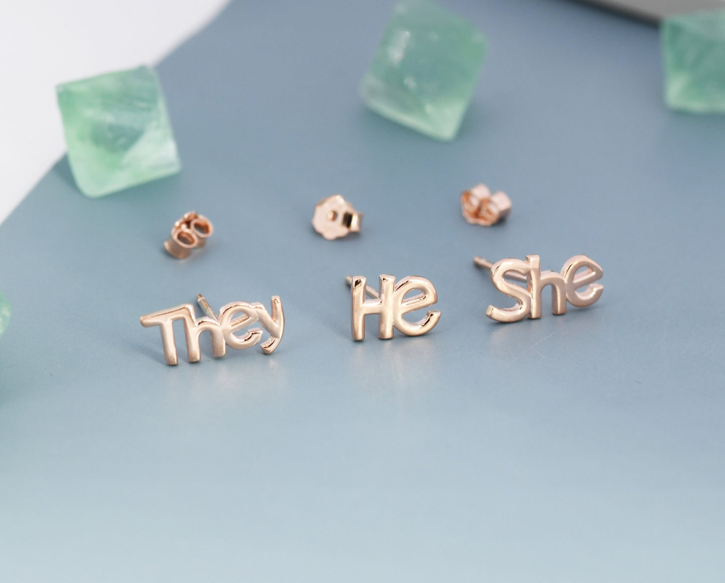 He She They Pronoun Stud Earrings in Sterling Silver, Silver, Gold or Rose Gold, Sold as a Pair, He Earrings, She Earrings, They Earrings