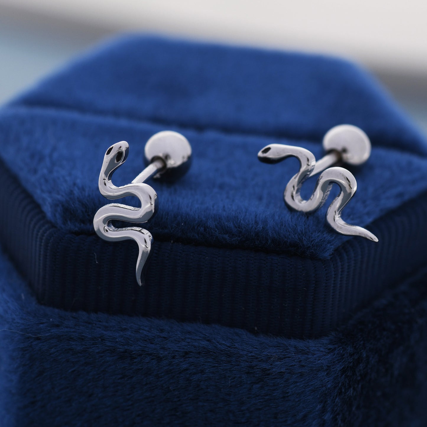 Snake Internal Flat Back /Screw Back / Stud Earrings in Sterling Silver - Gold or Silver Finish- Sold as a Pair - Snake Barbel Earrings