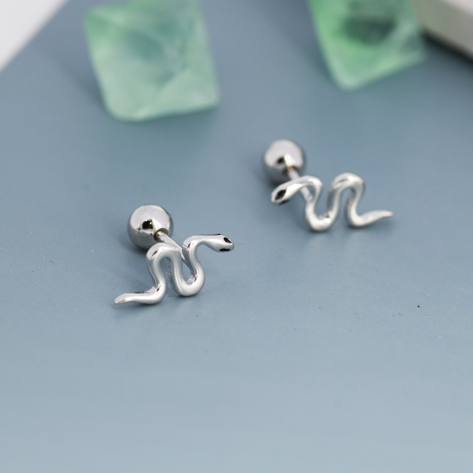 Snake Internal Flat Back /Screw Back / Stud Earrings in Sterling Silver - Gold or Silver Finish- Sold as a Pair - Snake Barbel Earrings