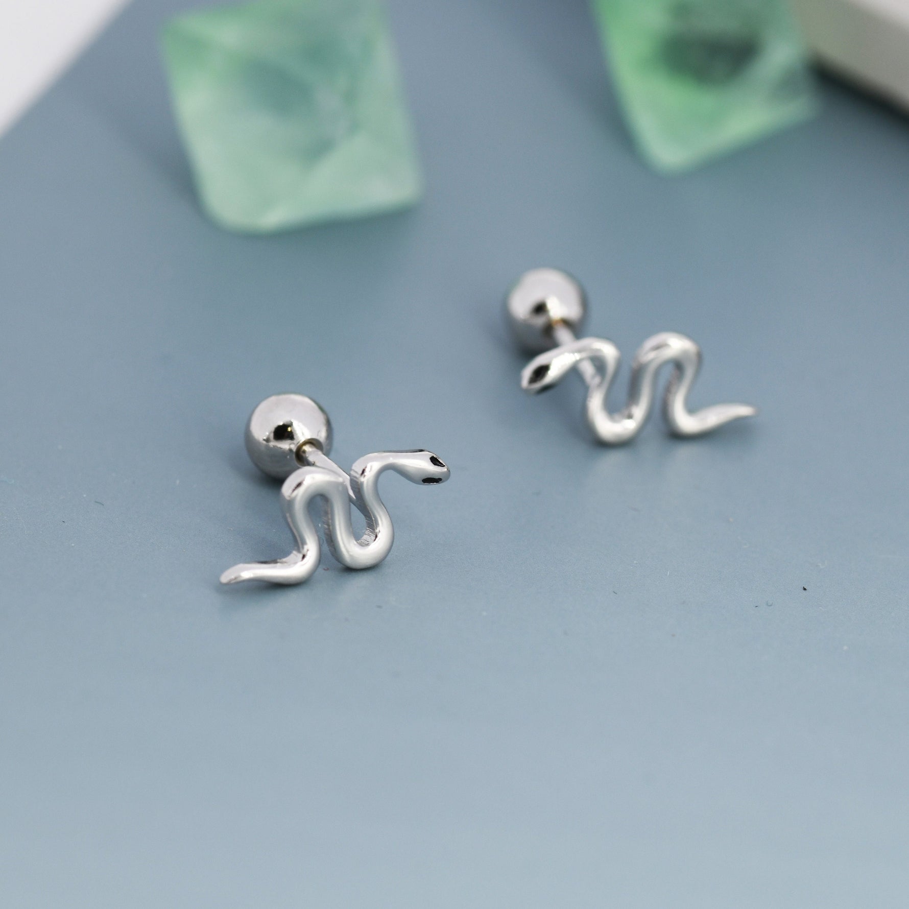 Snake 18G Screw Back Earrings in Sterling Silver, Animal Earrings