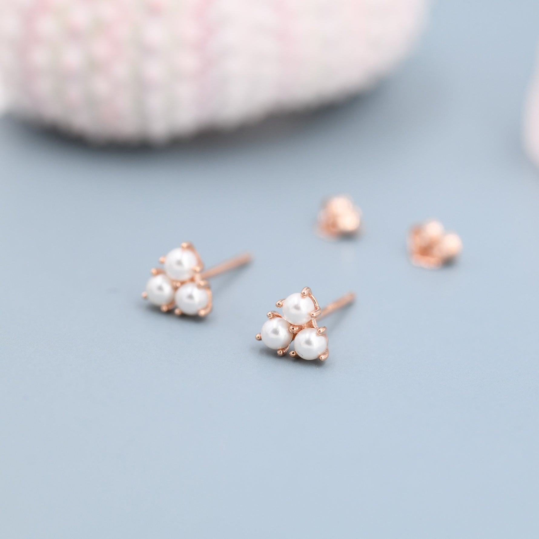 Pearl Trefoil Stud Earrings in Sterling Silver, Pearl Trio Earrings, Three Pearl Earrings, Silver Gold or Rose Gold