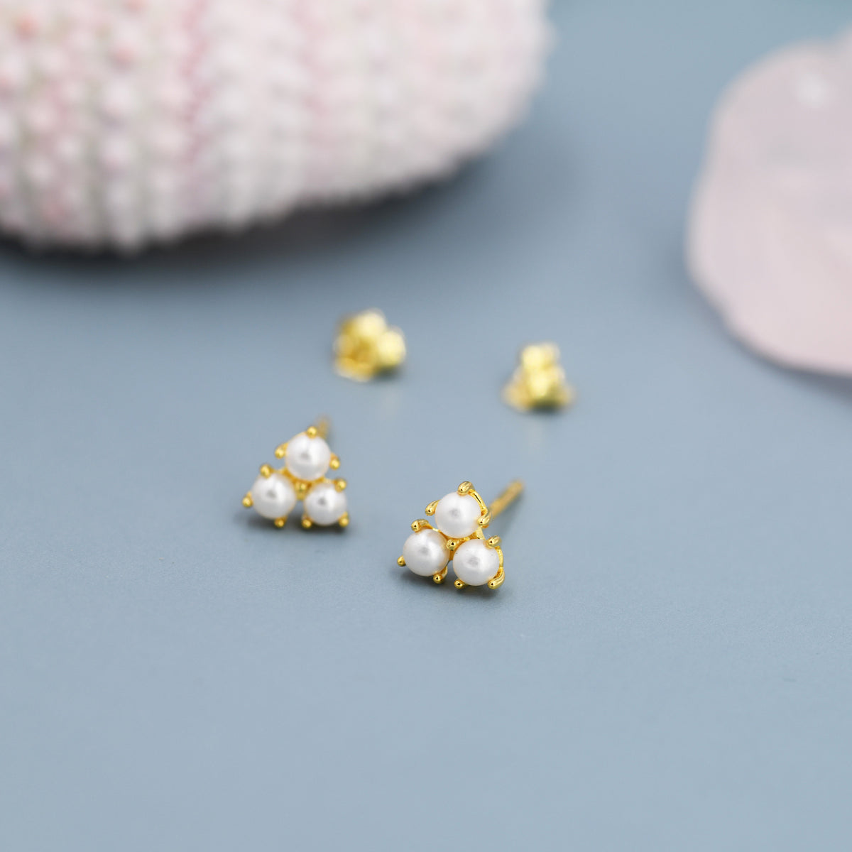Pearl Trefoil Stud Earrings in Sterling Silver, Pearl Trio Earrings, Three Pearl Earrings, Silver Gold or Rose Gold
