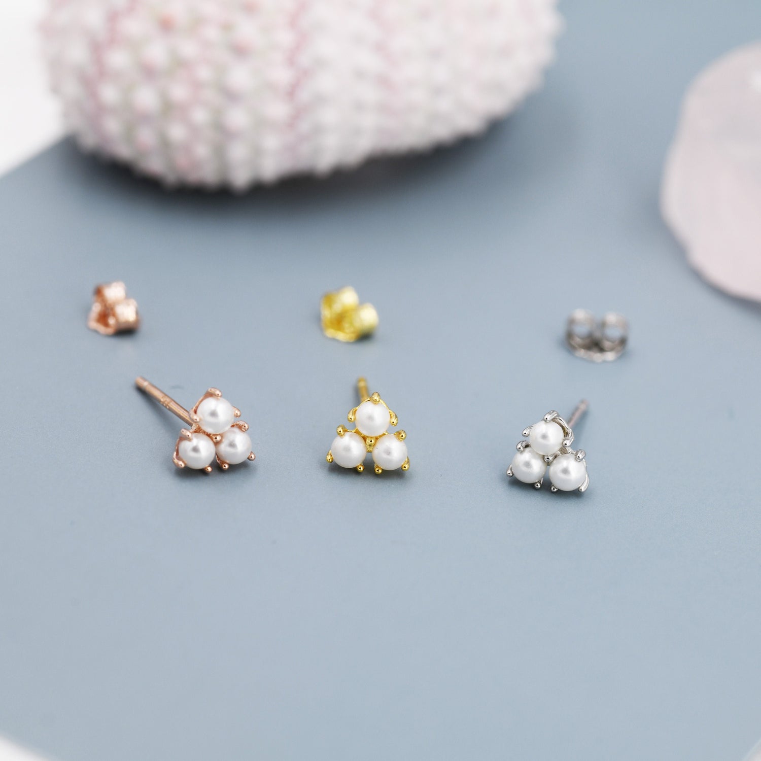 Pearl Trefoil Stud Earrings in Sterling Silver, Pearl Trio Earrings, Three Pearl Earrings, Silver Gold or Rose Gold