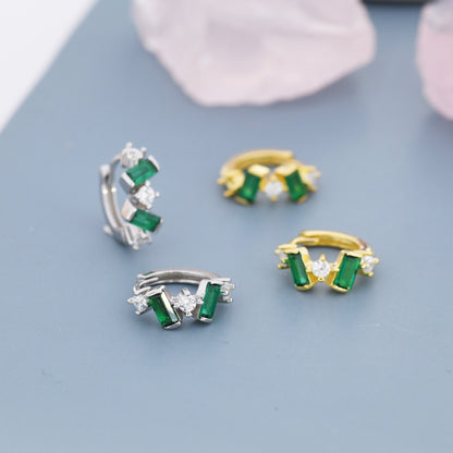 Emerald Green Baguette CZ Cluster Huggie Hoop in Sterling Silver, Silver or Gold, Irregular Shaped Cluster Hoops