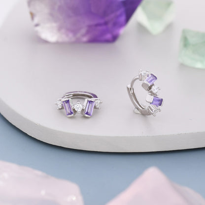 Amethyst Purple Baguette CZ Cluster Huggie Hoop in Sterling Silver, Silver or Gold, Irregular Shaped Cluster Hoops, Baguette Hoops