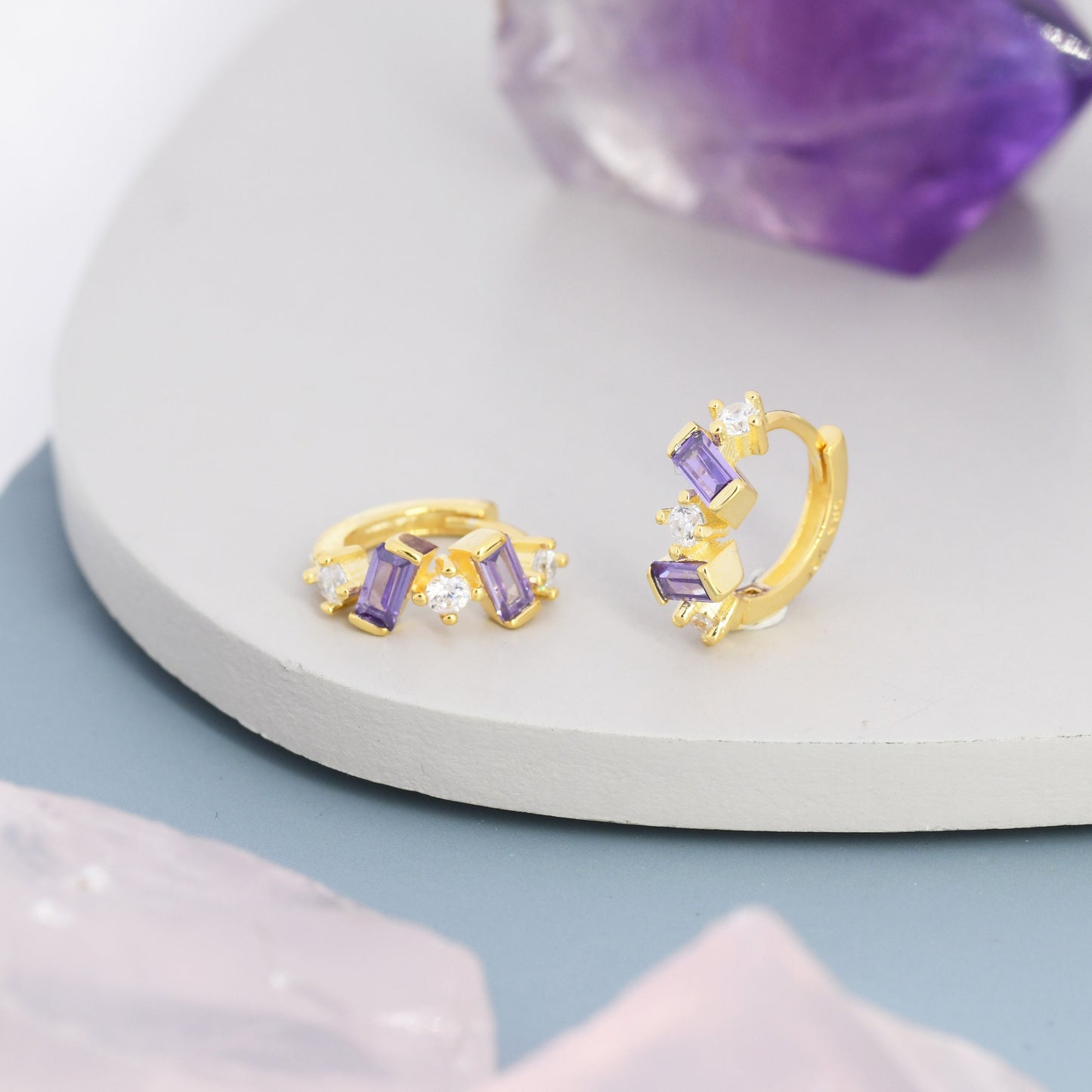 Amethyst Purple Baguette CZ Cluster Huggie Hoop in Sterling Silver, Silver or Gold, Irregular Shaped Cluster Hoops, Baguette Hoops