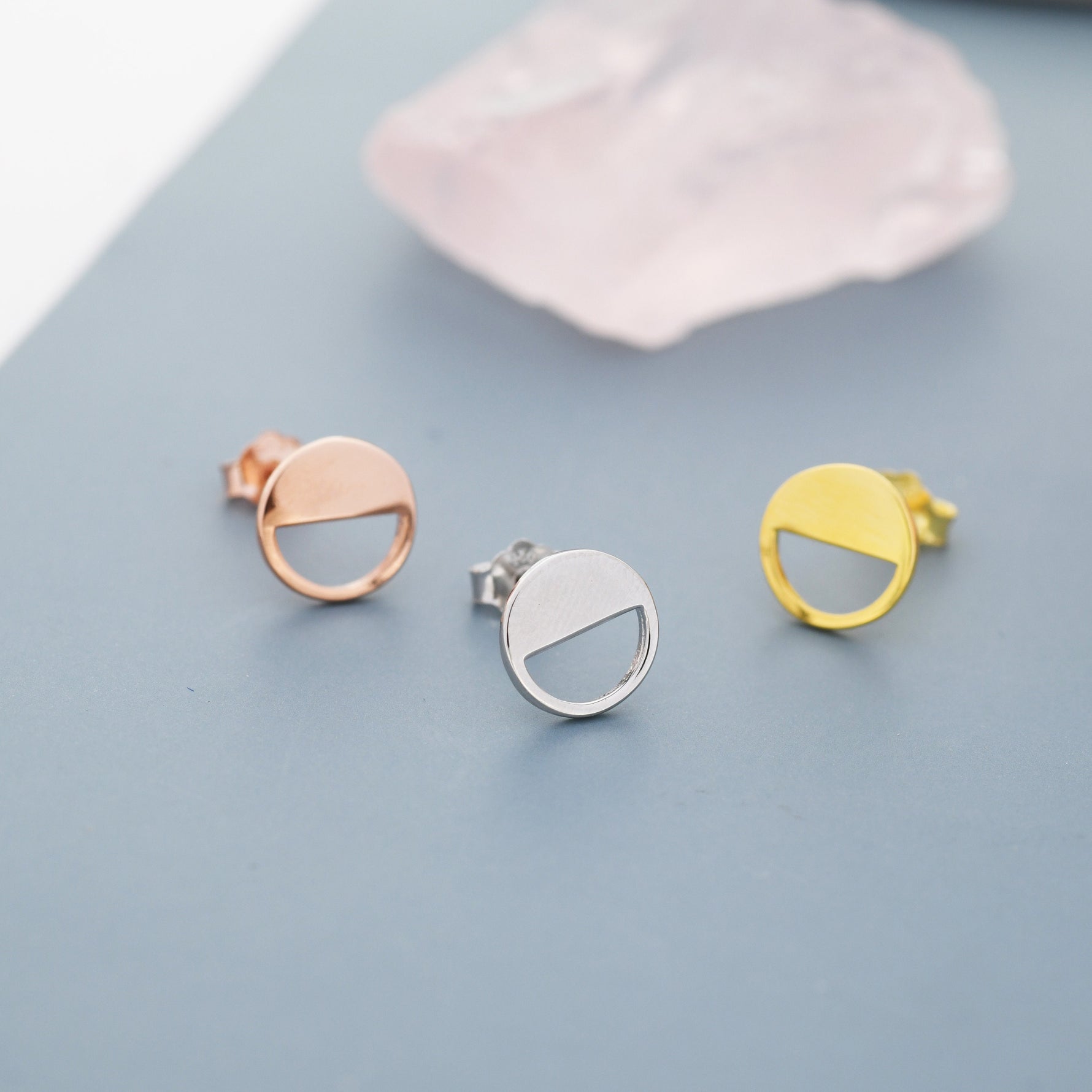 Half Circle Stud Earrings in Sterling Silver, Silver, Gold or Rose Gold over Sterling Silver, Geometric Open Circle Earrings, Semi Circle