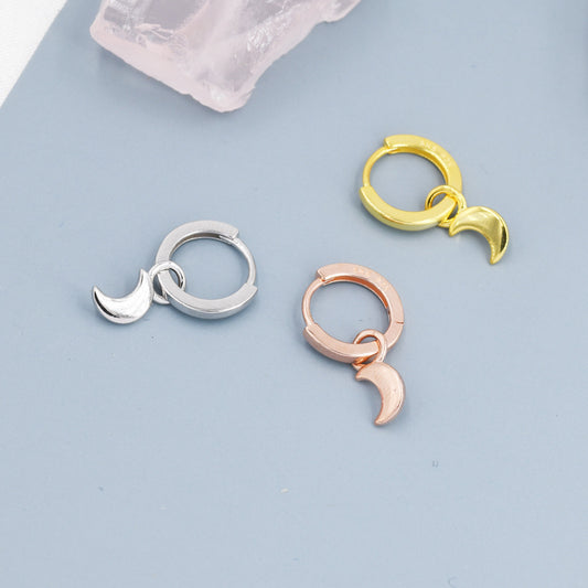 Crescent Moon Charm Huggie Hoop Earrings in Sterling Silver, Detachable Charm Hoops, Celestial Earrings, Silver, Gold and Rose Gold