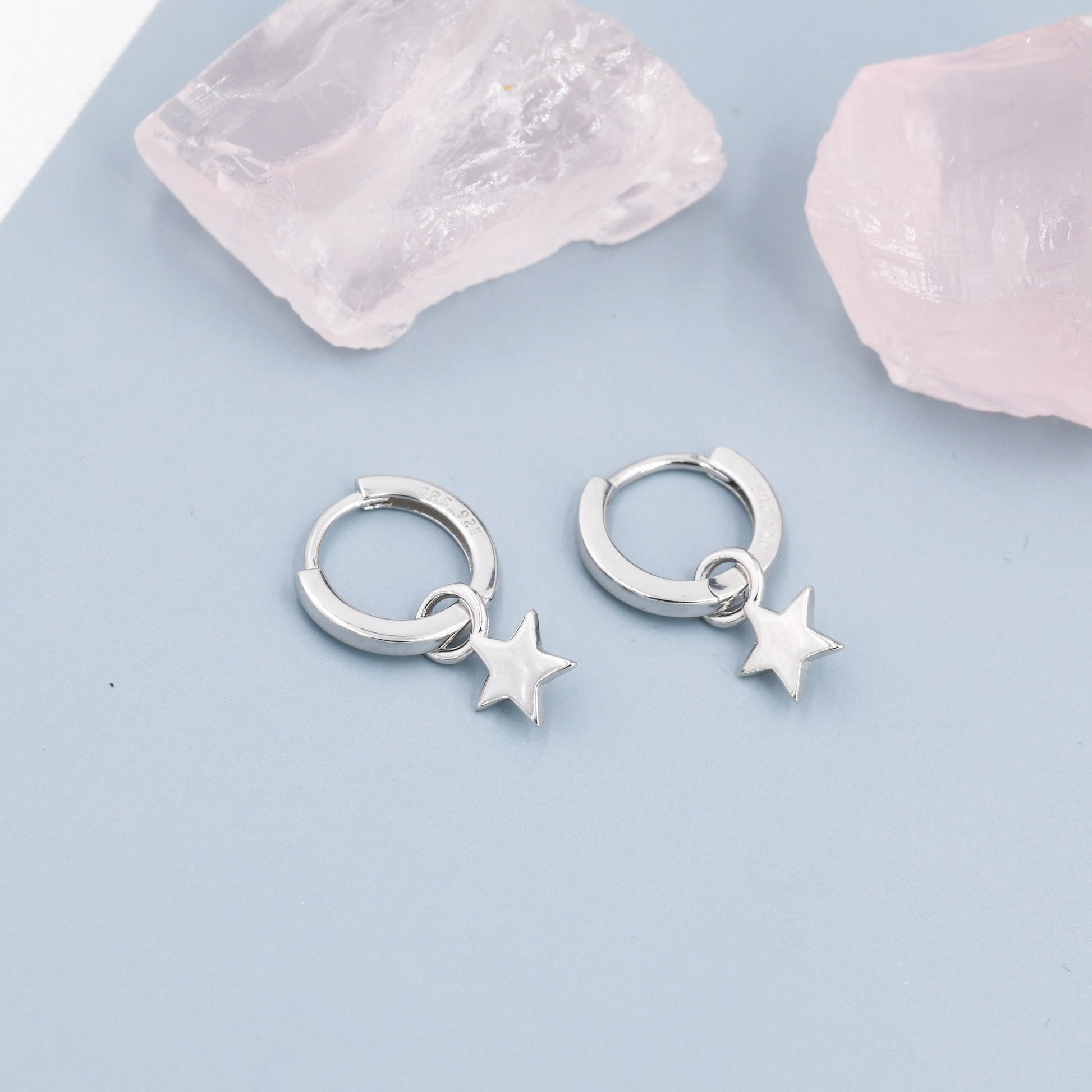 Star Charm Huggie Hoop Earrings in Sterling Silver, Detachable